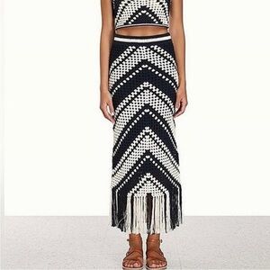 Anthropologie Ultra Pink Navy White Crochet Fringed Midi Skirt